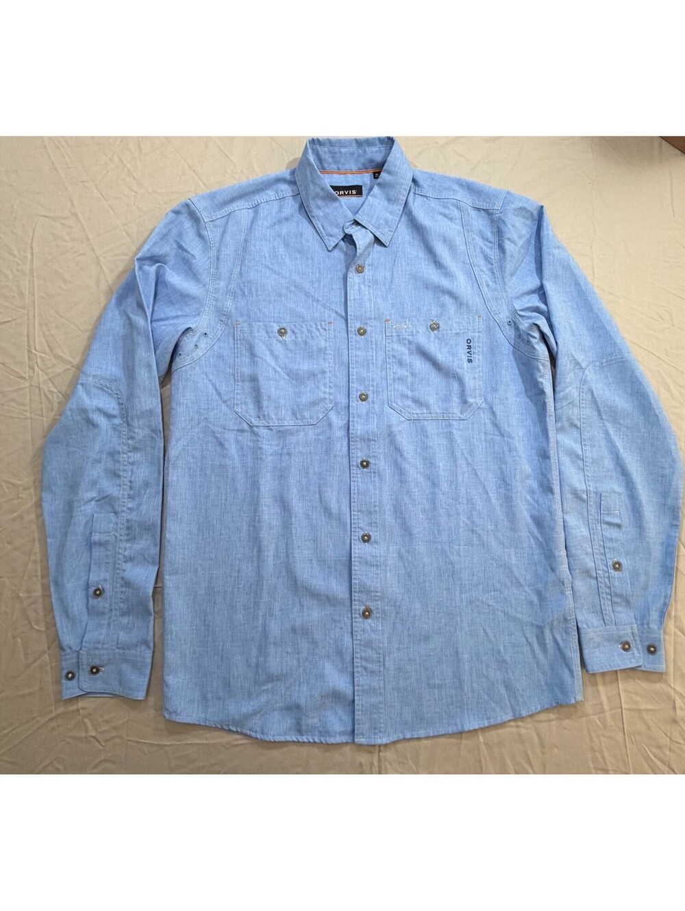 Orvis Men’s M Tall Blue Long Sleeve Fishing Outdoor Button Up Shirt Dual Pocket